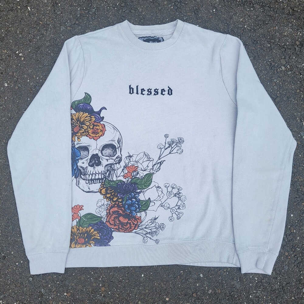 Blind Rooster Floral Skull Graphic Pullover Sweatshirt Men’s SZ M Double Sided